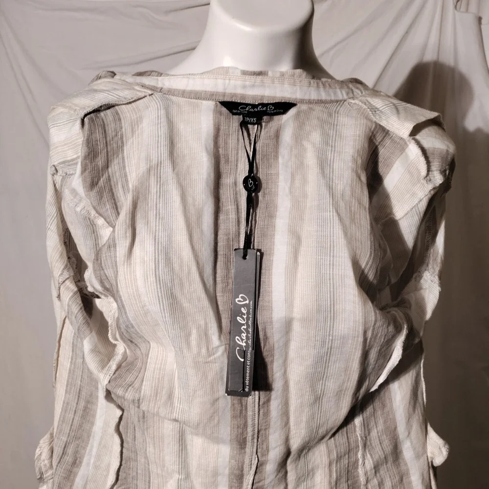 Charlie B Blazer Sz XS Striped Open Front Roll Tab Shirt Blazer‎ Linen Blend NWT